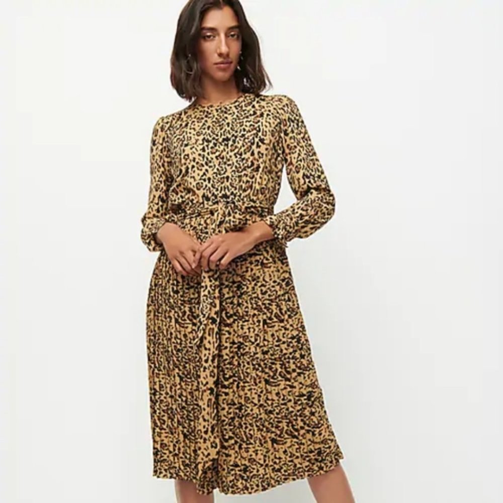Long-sleeve pleated J. Crew Dress leopard print